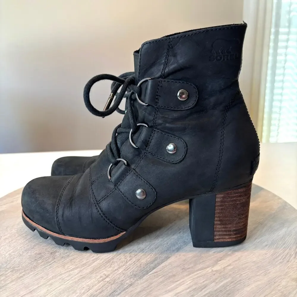 SOREL Addington Boots Women's 8 Black Leather Waterproof Lace Up NL2360-010